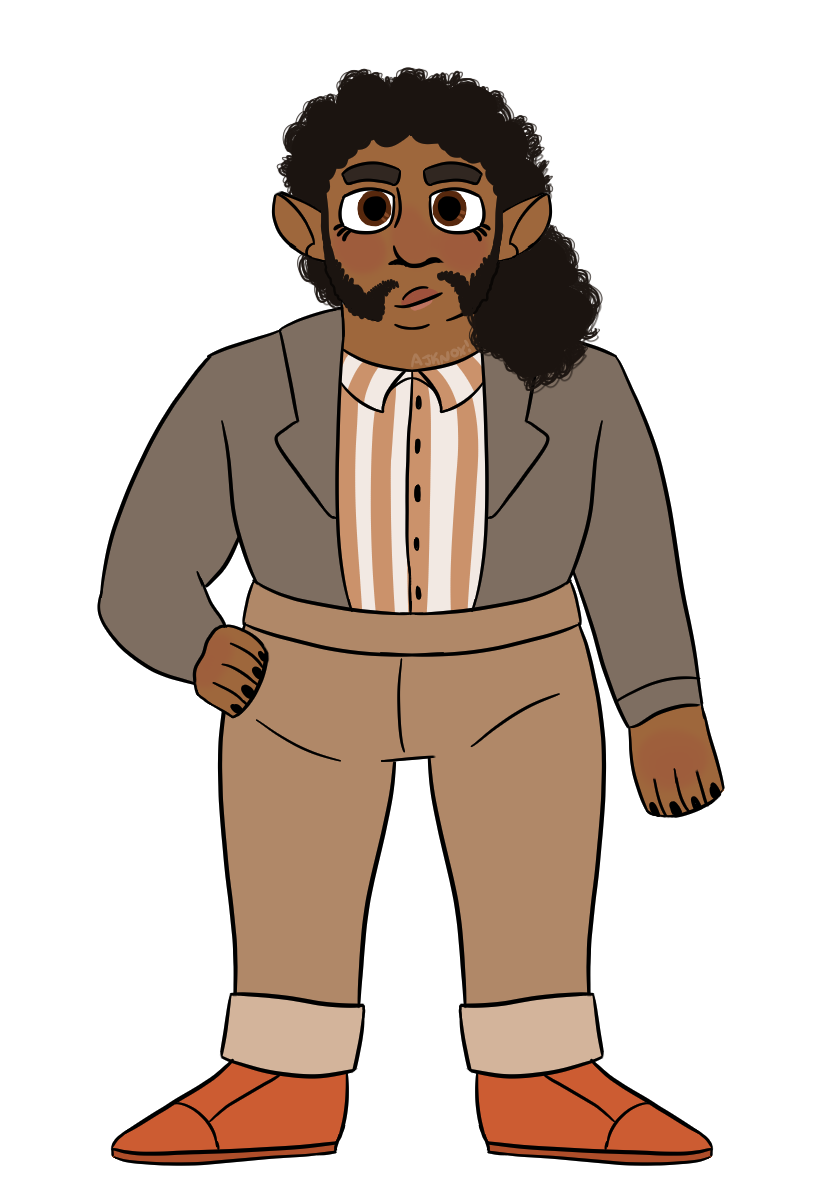 a dark brown-skinned person with a trimmed beard and black curly hair pushed to one shoulder. they have brown eyes and thick square eyebrows. they're wearing a gray coat tucked in to their beige pants. they have a striped shirt and reddish shoes. they're giving a small smirk to the camera.